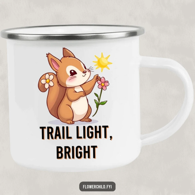 Funny squirrel camping mug, a curious squirrel with a flower behind its ear reaching for a sunbeam, ideal for outdoor enthusiasts.