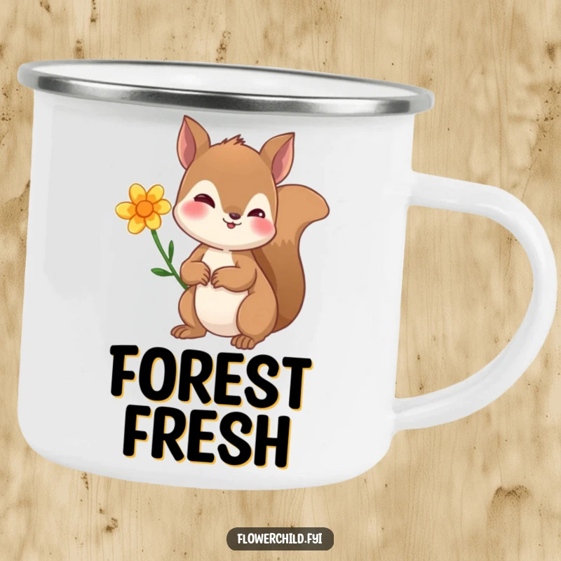 Funny camping mug showing a curious squirrel with a flower behind its ear, ideal for outdoor enthusiasts who love cute designs.