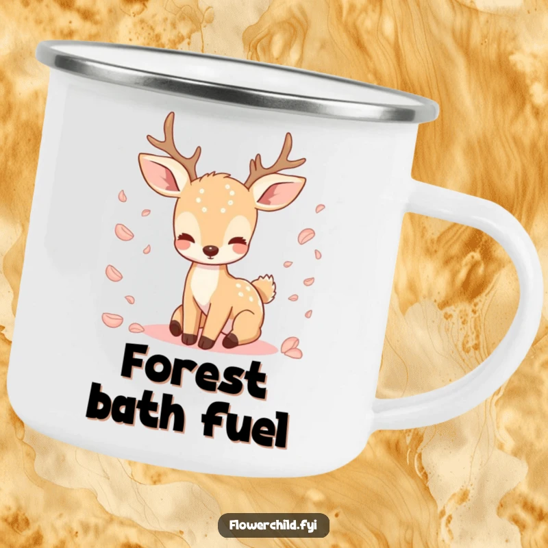 Funny camping mug showing a serene deer with falling petals, bringing nature's peace to outdoor adventures.