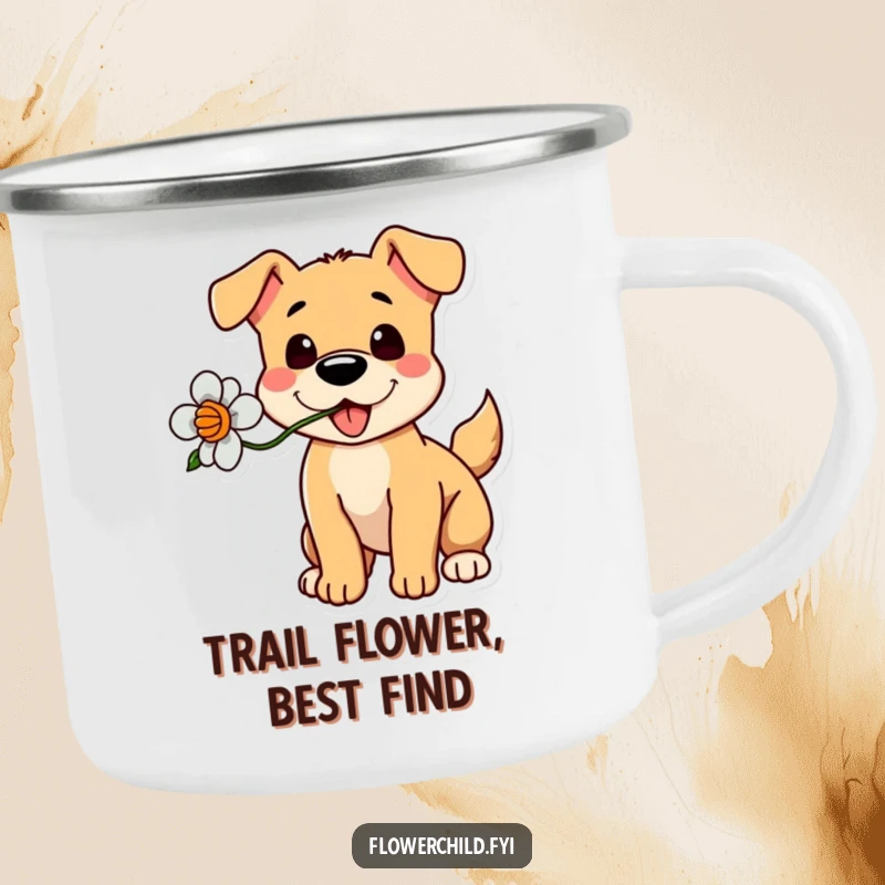 Funny Dog Flower Camping Mug: A durable mug with a playful dog holding a flower, tail wagging.