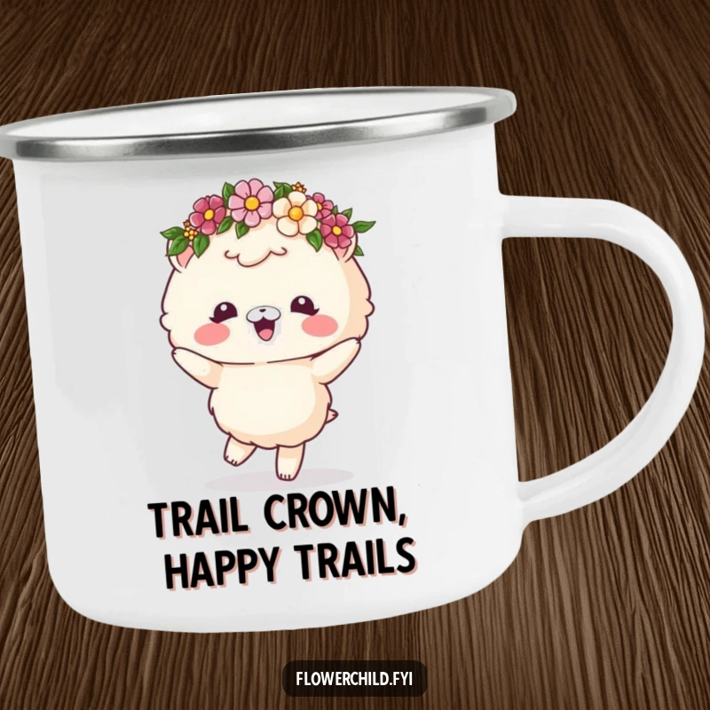 Funny enamel camping mug with a fluffy animal wearing a flower crown, dancing happily, ideal for outdoor use.