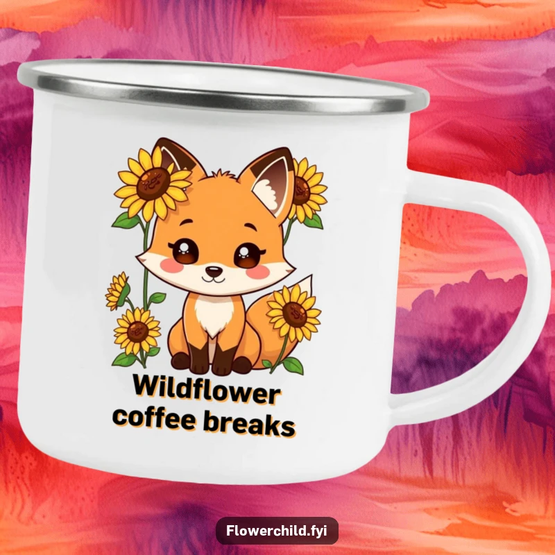 Funny camping mug featuring a playful fox with sunflowers growing out of its fur.