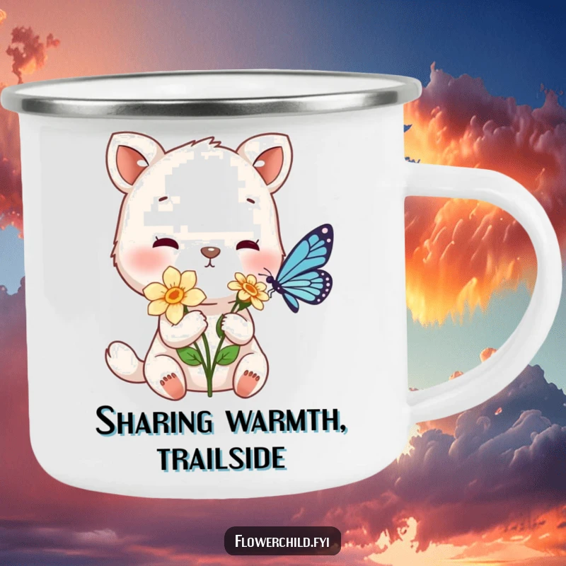 Funny enamel camping mug with a gentle animal character offering a flower to a tiny butterfly, for outdoor use.