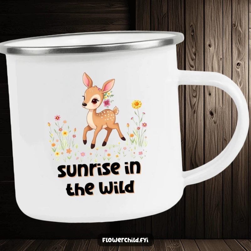 Funny Gentle Deer Camping Mug: A sturdy enamel mug showing a gentle deer adorned with wildflowers, prancing through a meadow. Fun for outdoors.