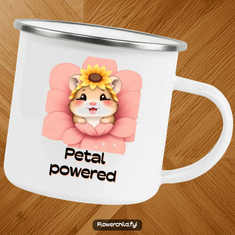 Funny and durable camping mug with a giggling hamster wearing a sunflower headpiece, peeking from a flower.