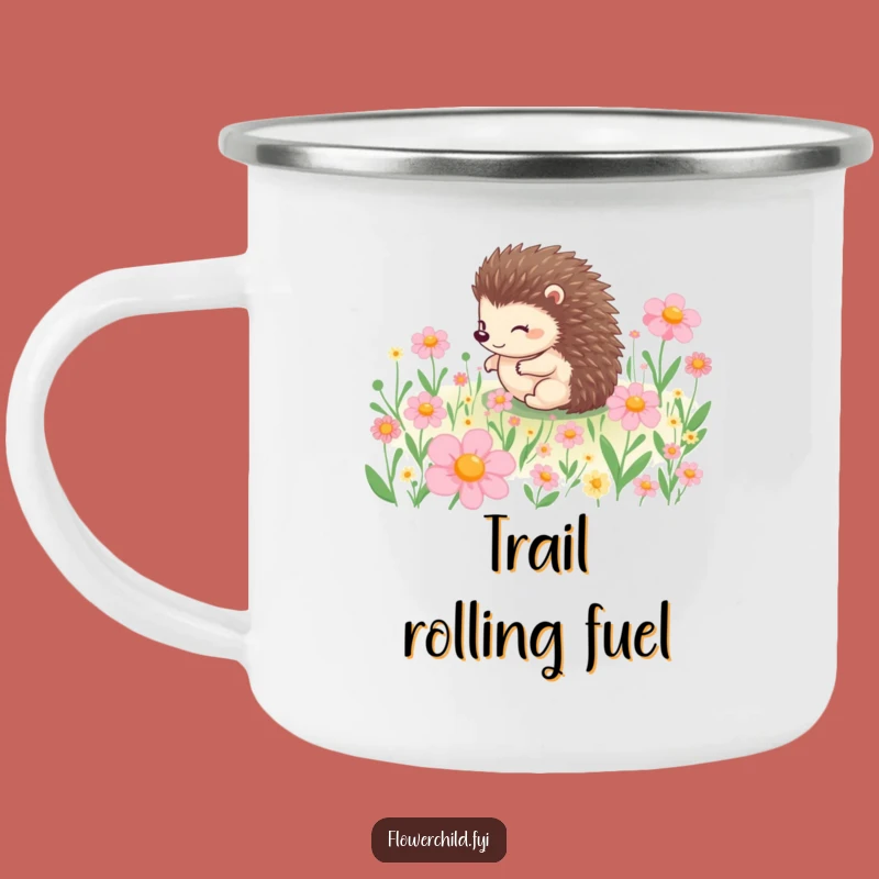 Funny Hedgehog Rolling Flowers Camping Mug: Outdoor Adventure Humor Gift