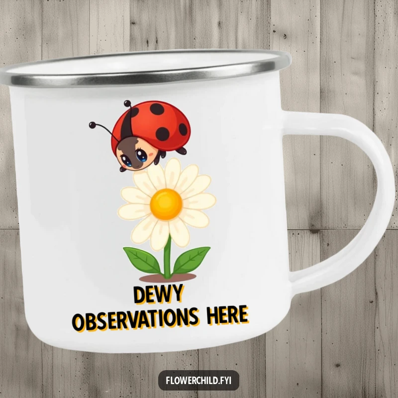 Funny ladybug camping mug showing a curious ladybug looking at a daisy, designed for outdoor use with a touch of nature's whimsy.
