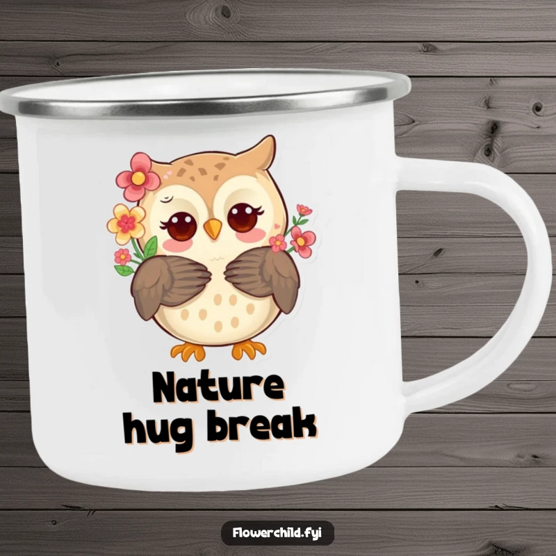 Funny whimsical owl with flowers in its feathers offering a hug on a rugged enamel camping mug, ideal for adventures.