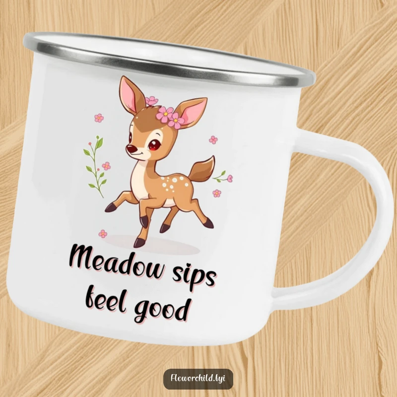 Funny prancing deer camping mug, a little deer with flowers in its fur, joyfully leaping, perfect for enjoying drinks outdoors.