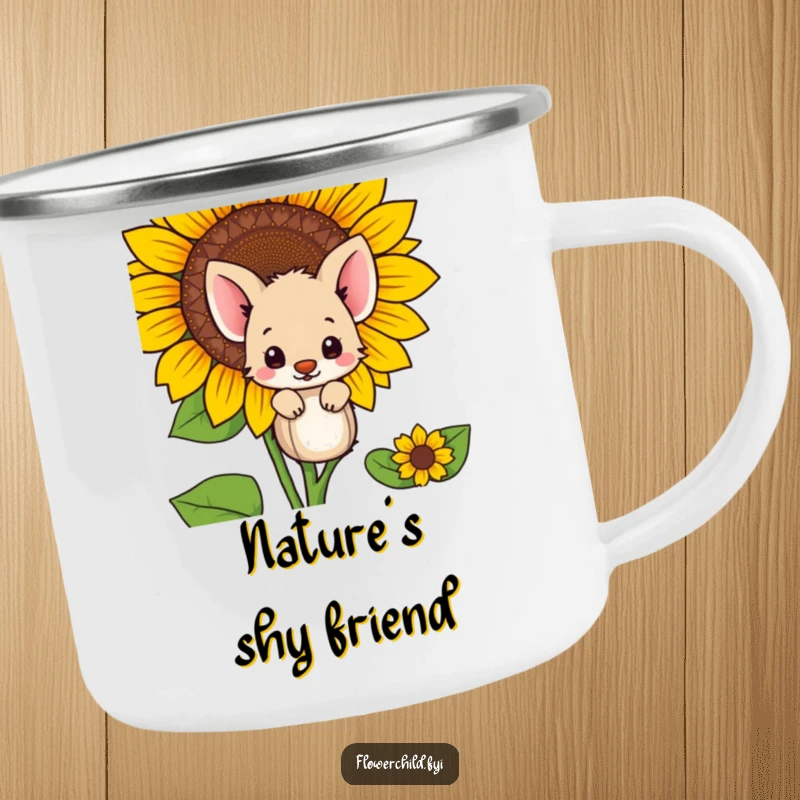 Funny shy animal hiding behind a giant sunflower, on a durable camping mug for peaceful outdoor moments.