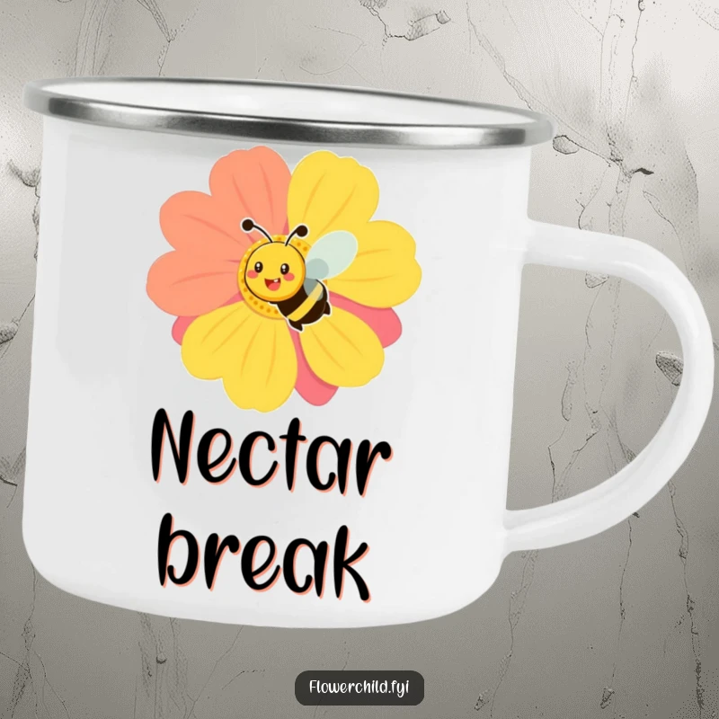Funny camping mug with a smiling bee buzzing around a large, colorful flower, perfect for cheerful outdoor moments.