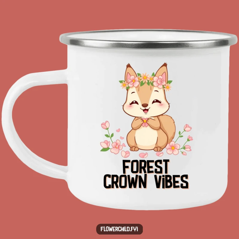 Funny Squirrel Flower Crown Camping Mug: Adorable Petal Gathering Enamel Cup, Outdoor Funny Gift