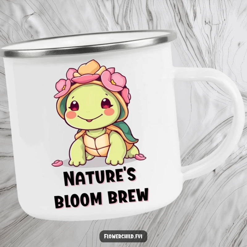 Funny smiling turtle character with a petal-adorned shell, ready for adventure on this humorous camping mug.