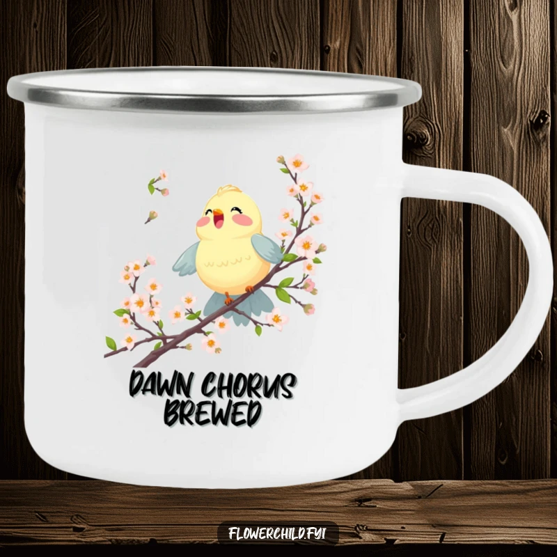 Funny camping mug with a joyful bird singing among blossoming branches, ideal for outdoor adventures and hot beverages.