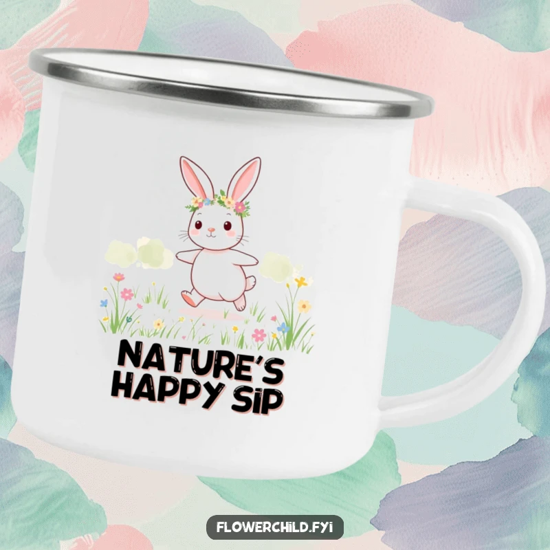 Funny bunny meadow camping mug, a cute bunny with a flower crown skipping through a field.