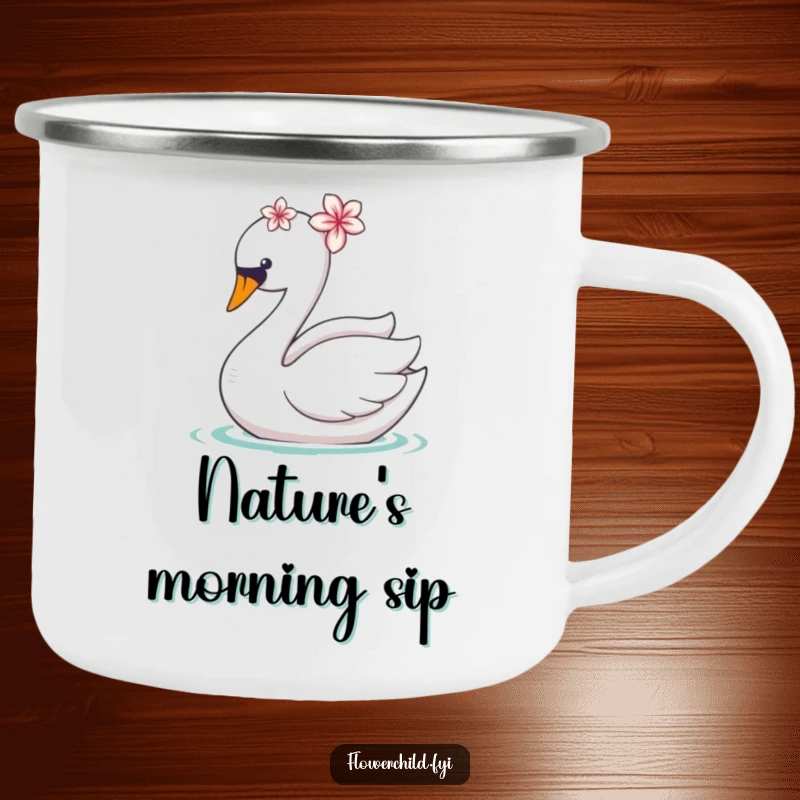 Funny enamel camping mug with a graceful swan adorned with a flower, gliding along.