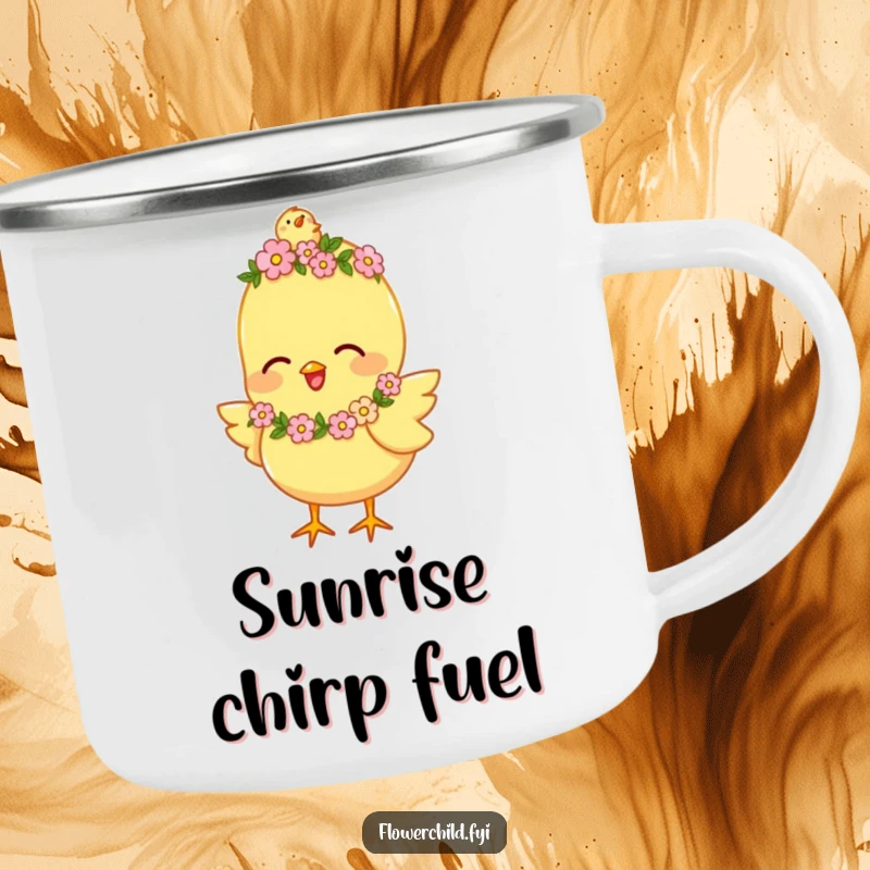Funny Camping Mug featuring a happy chick wearing a tiny flower garland, chirping joyfully, perfect for outdoor drinks.