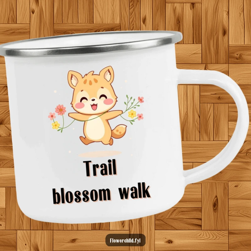 Funny camping mug art: a happy animal character joyfully skipping with a string of flowers in a bright, scenic outdoor setting.