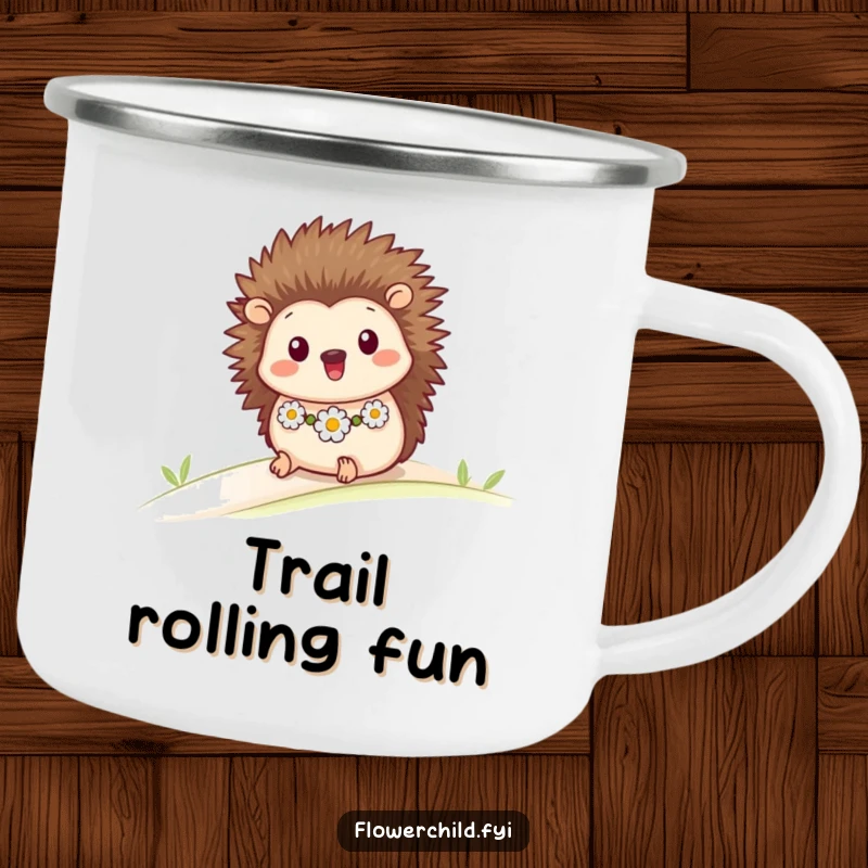 Funny camping mug featuring a happy hedgehog with a daisy chain, rolling downhill, ready for any outdoor escapade.