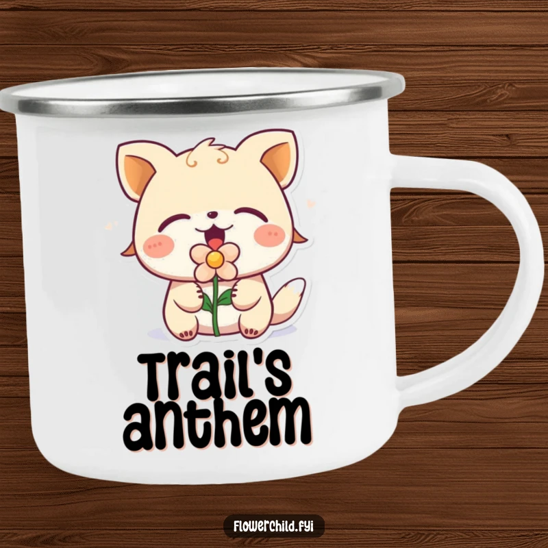 Funny singing animal with a flower in its mouth, eyes closed, on a durable camping mug for outdoor enjoyment.