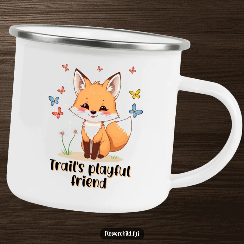 Funny fox butterfly camping mug, a playful fox with dandelions in its fur chasing butterflies.