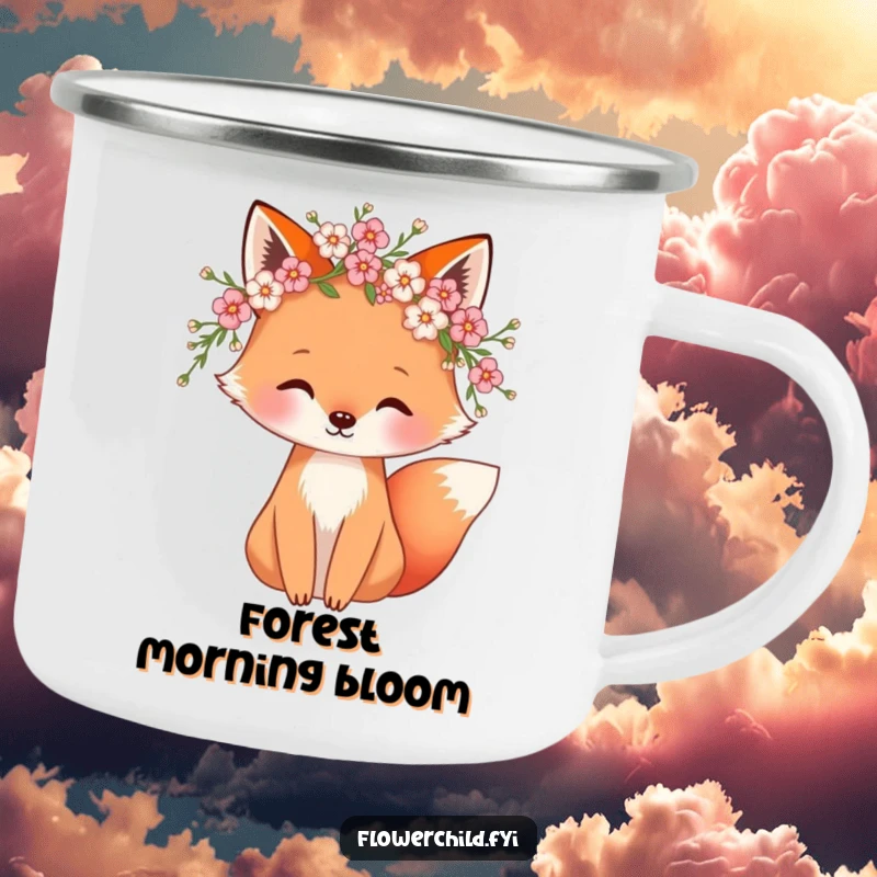 Funny camping mug with a whimsical fox and a blossom wreath, ideal for outdoor adventures and hot beverages.