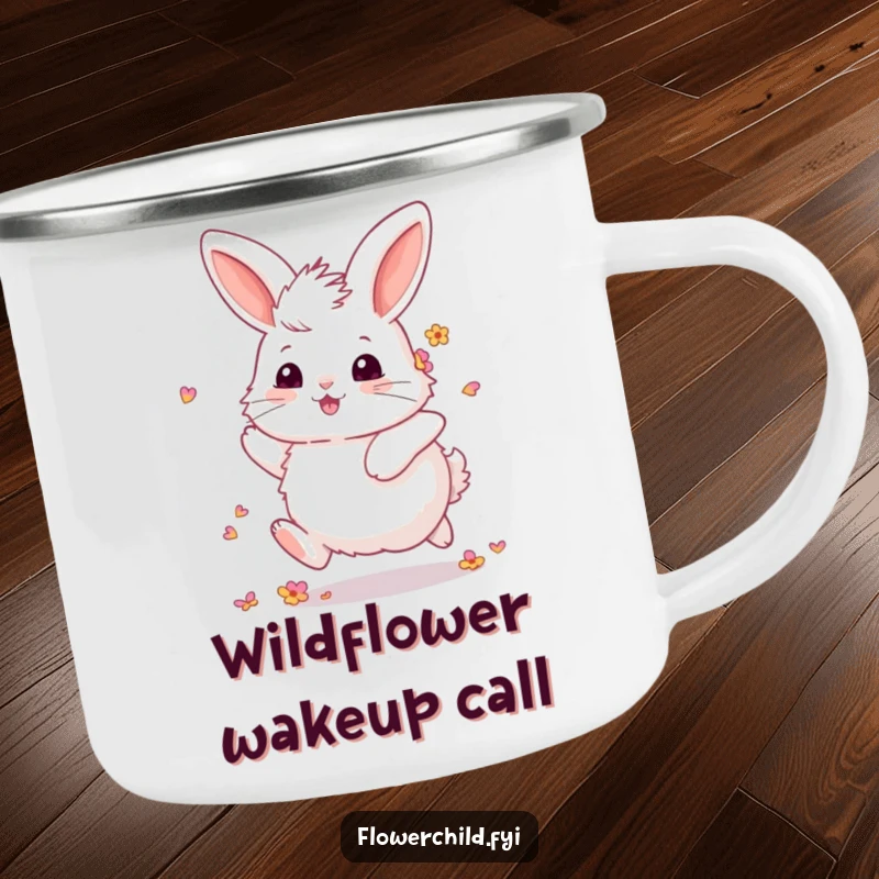 Funny Fluffy Bunny Camping Mug: A sturdy enamel mug showing a fluffy bunny with petals in its fur, skipping joyfully. Fun for outdoors.