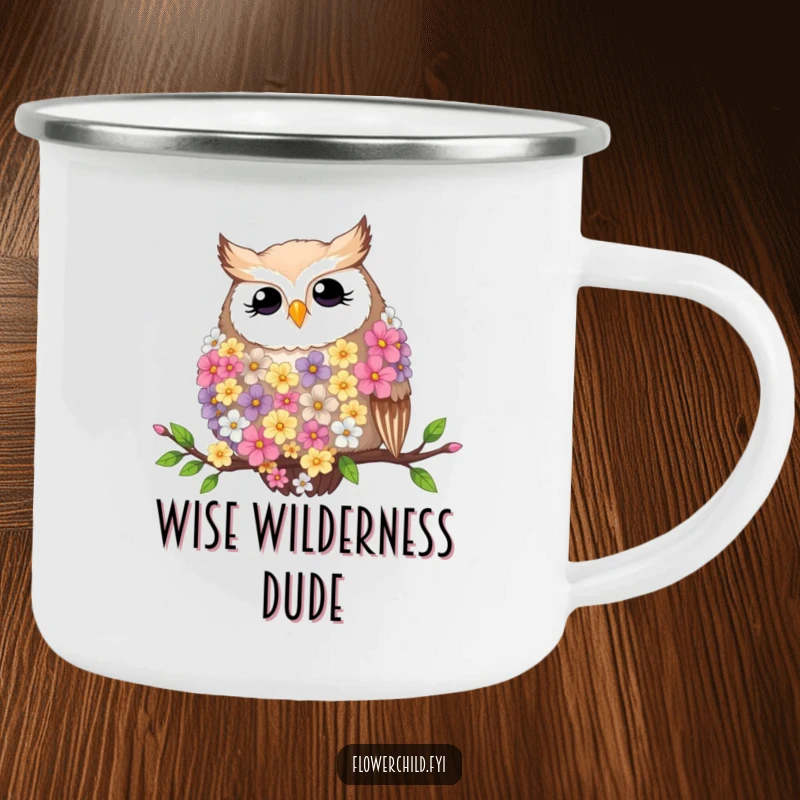 Funny camping mug with a contented owl wearing a flower feather boa, resting on a branch.