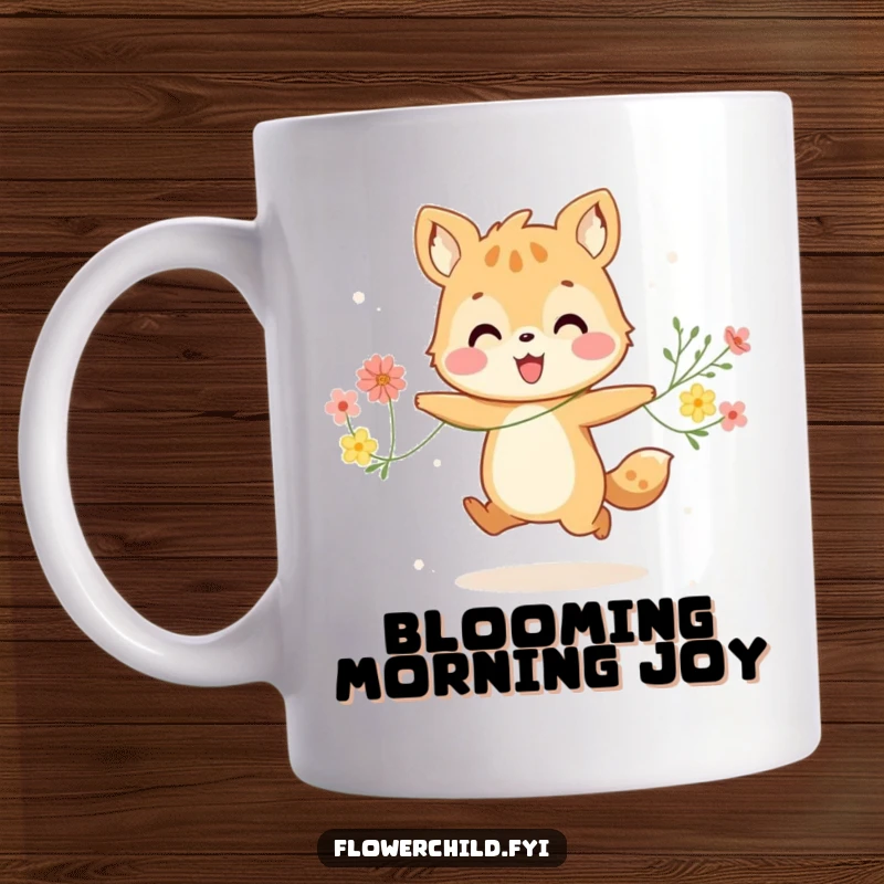 Funny mug showing a happy animal character joyfully skipping along, holding a string of colorful flowers with a cheerful expression.
