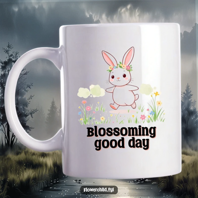 Funny bunny meadow mug, a cute bunny wearing a flower crown skipping happily through a field.