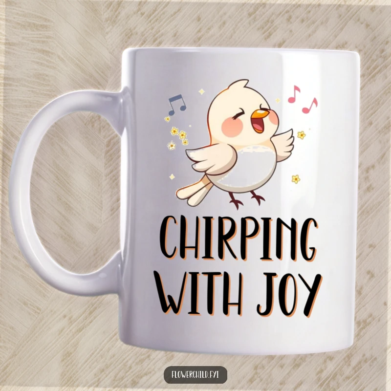 Funny Singing Bird Flower Wings Mug: A happy bird with small flowers on its wings sings a cheerful tune, radiating musical joy.