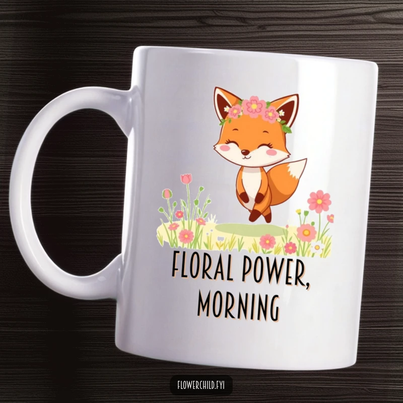 Funny Fox Flower Crown Mug: A cheerful fox in a flower crown skips joyfully through a sunny meadow, embodying pure happiness and whimsy.