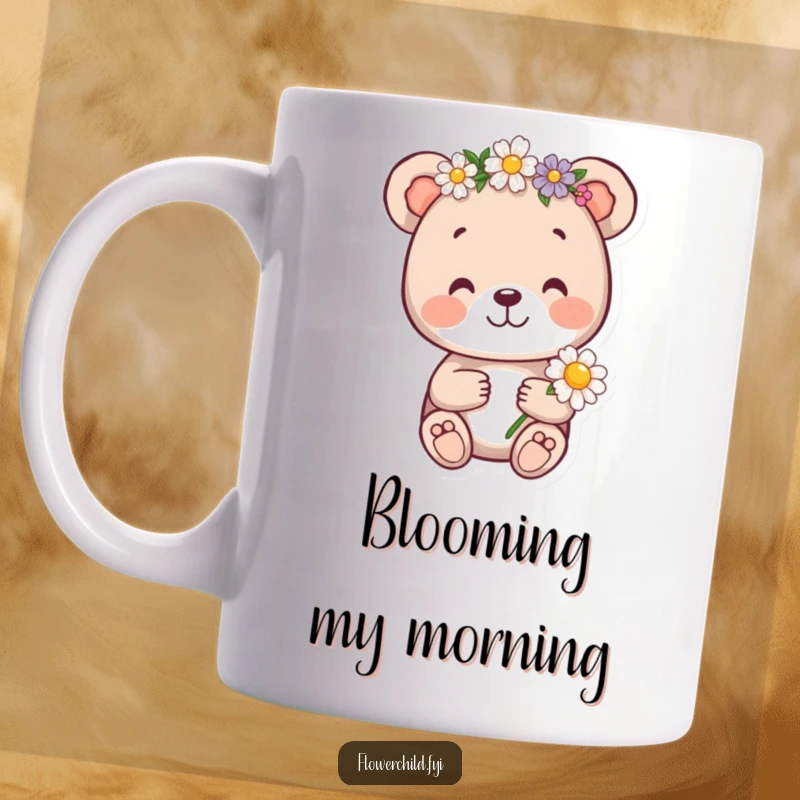 Funny bear cub mug, wearing a flower crown and holding a daisy, exuding happiness and a love for nature.