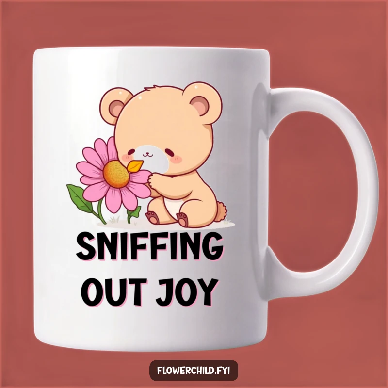 Funny Bear Cub Flower Sniffing Mug: Curious Delight Design, Perfect Funny Gift