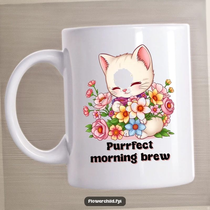 Funny Kitten Mug: A charming kitten carefully arranges a vibrant bouquet of colorful flowers, exuding sweetness and gentle paws.