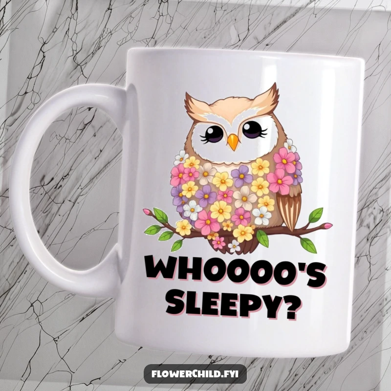 Funny contented owl wearing a flower feather boa, resting peacefully on a branch, ceramic mug.