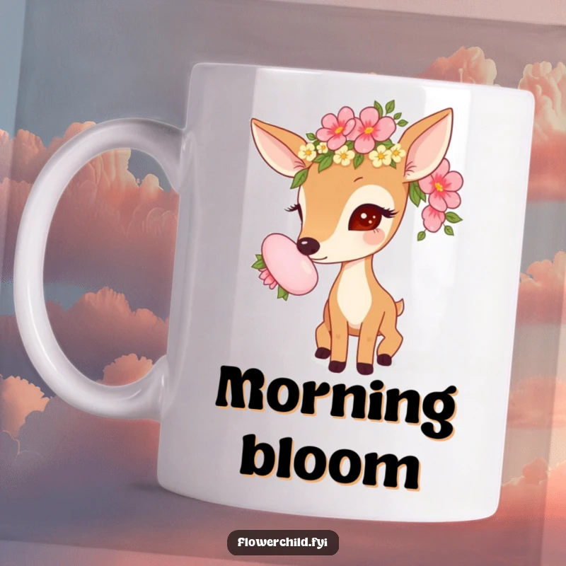 Funny mug featuring a curious deer with a flower garland on its head, sniffing a large, vibrant bloom.