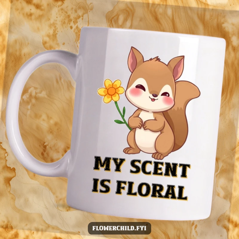 Funny squirrel mug with a tiny flower behind its ear, looking curious and cute, perfect for a woodland creature lover.