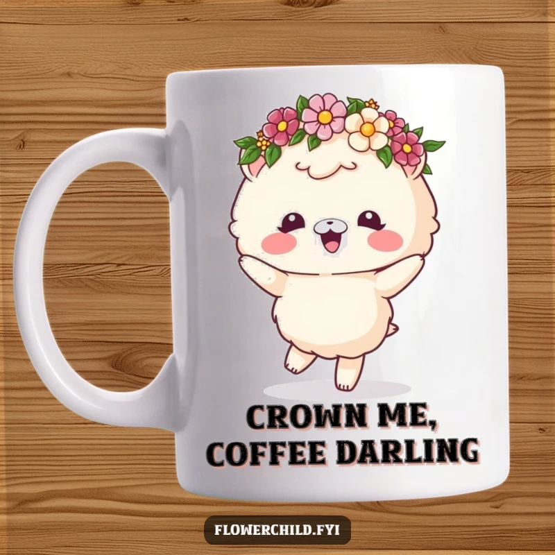 Funny mug featuring a fluffy animal character with a flower crown, joyfully dancing with petals in the air.