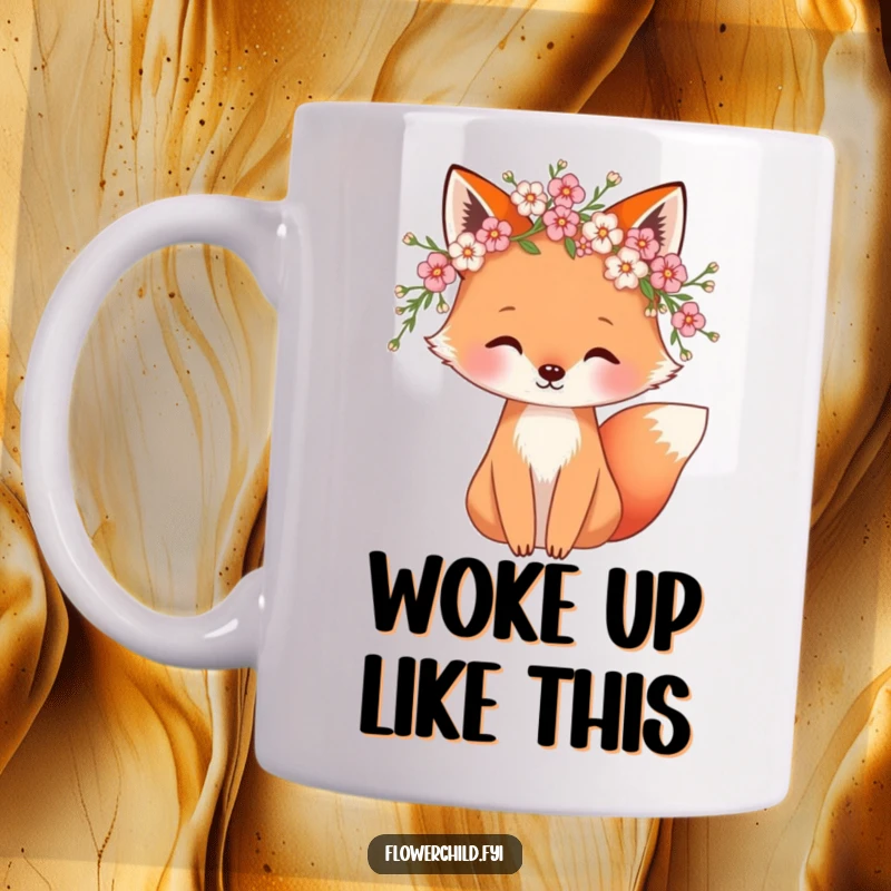 Funny mug featuring a whimsical fox with a blossom wreath, looking playful and serene. Perfect gift for nature enthusiasts.