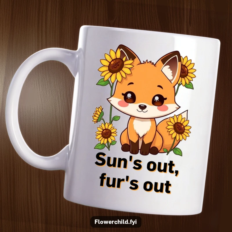 Funny mug featuring a playful fox with cheerful sunflowers growing directly out of its fluffy fur.