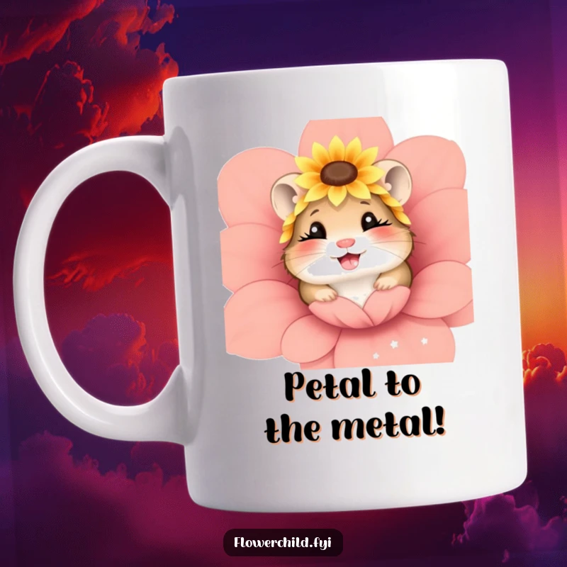Funny hamster wearing a sunflower headpiece peeking from a flower, a delightful and cheerful ceramic mug for gifting.