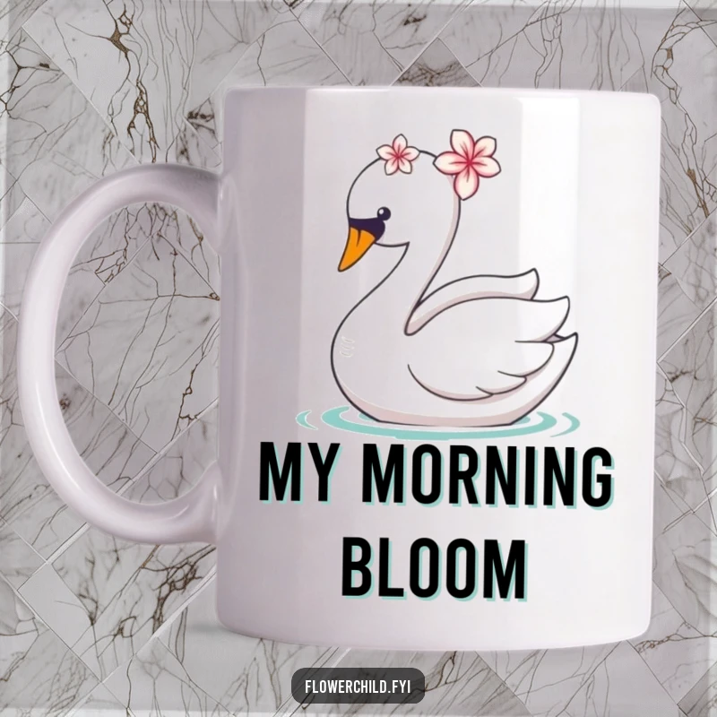 Funny ceramic mug featuring a graceful swan adorned with a delicate flower on its head, gliding smoothly.