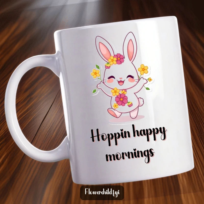 Funny Bunny Mug: A joyful bunny with flowers in its fur dances happily, radiating lightheartedness and spring cheer.