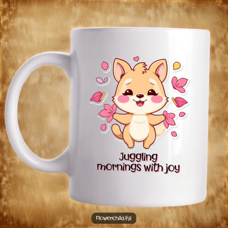 Funny mug showing a playful animal character smiling while juggling a vibrant cascade of colorful flower petals.