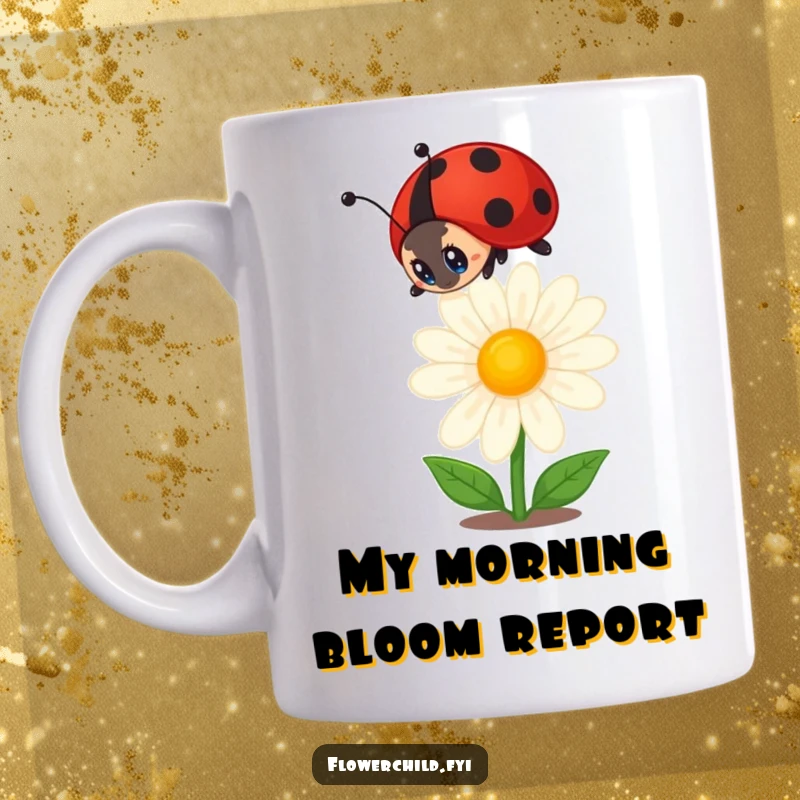 Funny ladybug mug with a curious expression intently watching a blooming daisy, symbolizing nature's simple wonders and gentle observation.