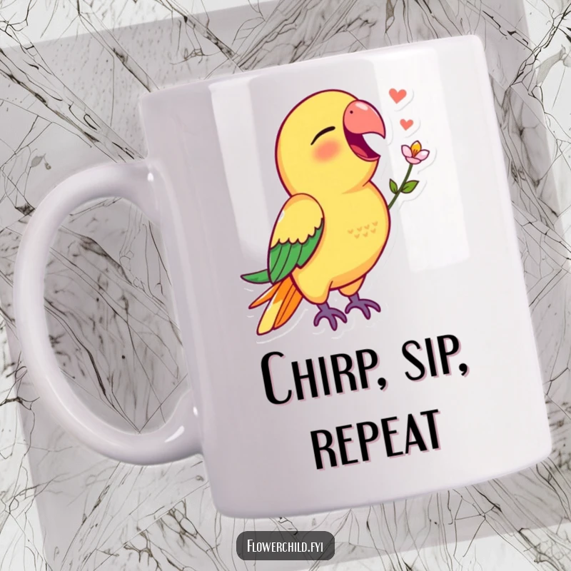 Funny parrot mug showing a vibrant parrot singing joyfully with a small flower in its beak.