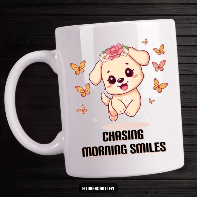 Funny Puppy Mug: A playful puppy wearing a flower crown joyfully chases butterflies in a sunny meadow, embodying pure delight.