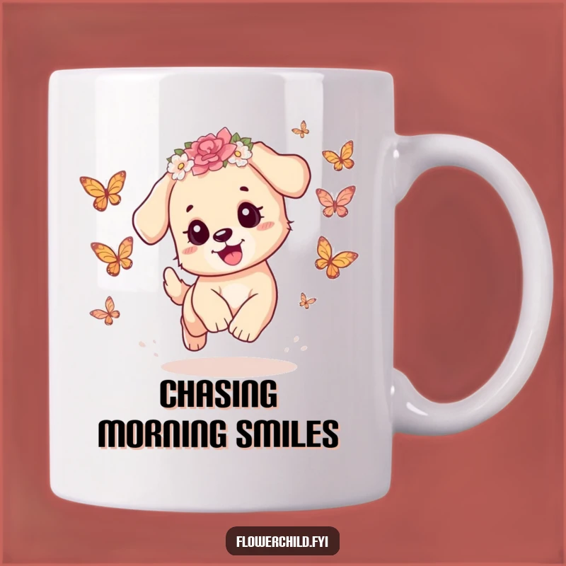 Funny Playful Puppy Butterfly Mug: Adorable Character Gift for Dog Lovers