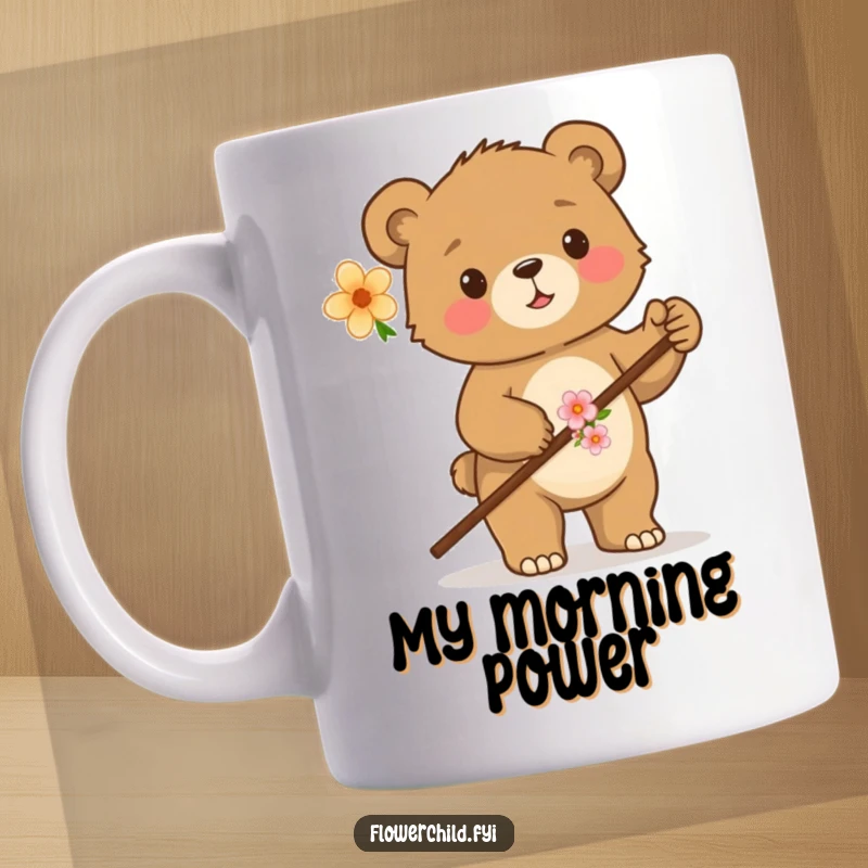 Funny proud bear cub mug with a flower-decorated walking stick, ready for an adventure, embodying forest charm.